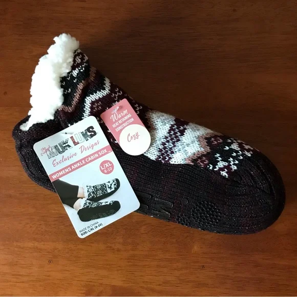 Muk Luks Ankle Cabin Sox Slipper Socks, Faux Sherpa Fur Lining, Size L/XL (8-10) - Picture 2 of 4